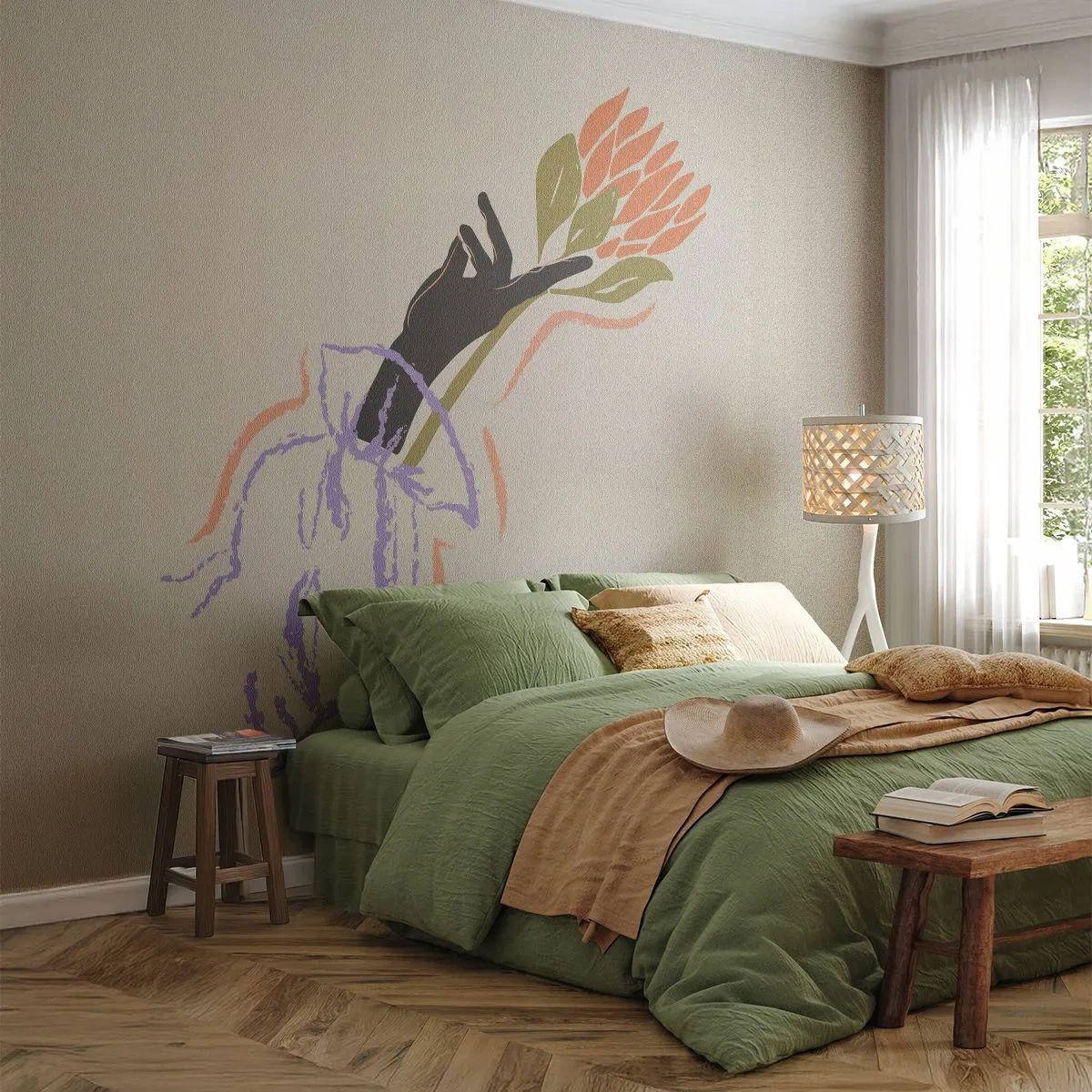 Self-Adhesive Photo Wallpaper Deluxe Sticker - Sister Touch - Hand, Flower, Minimalism - 150x105 cm