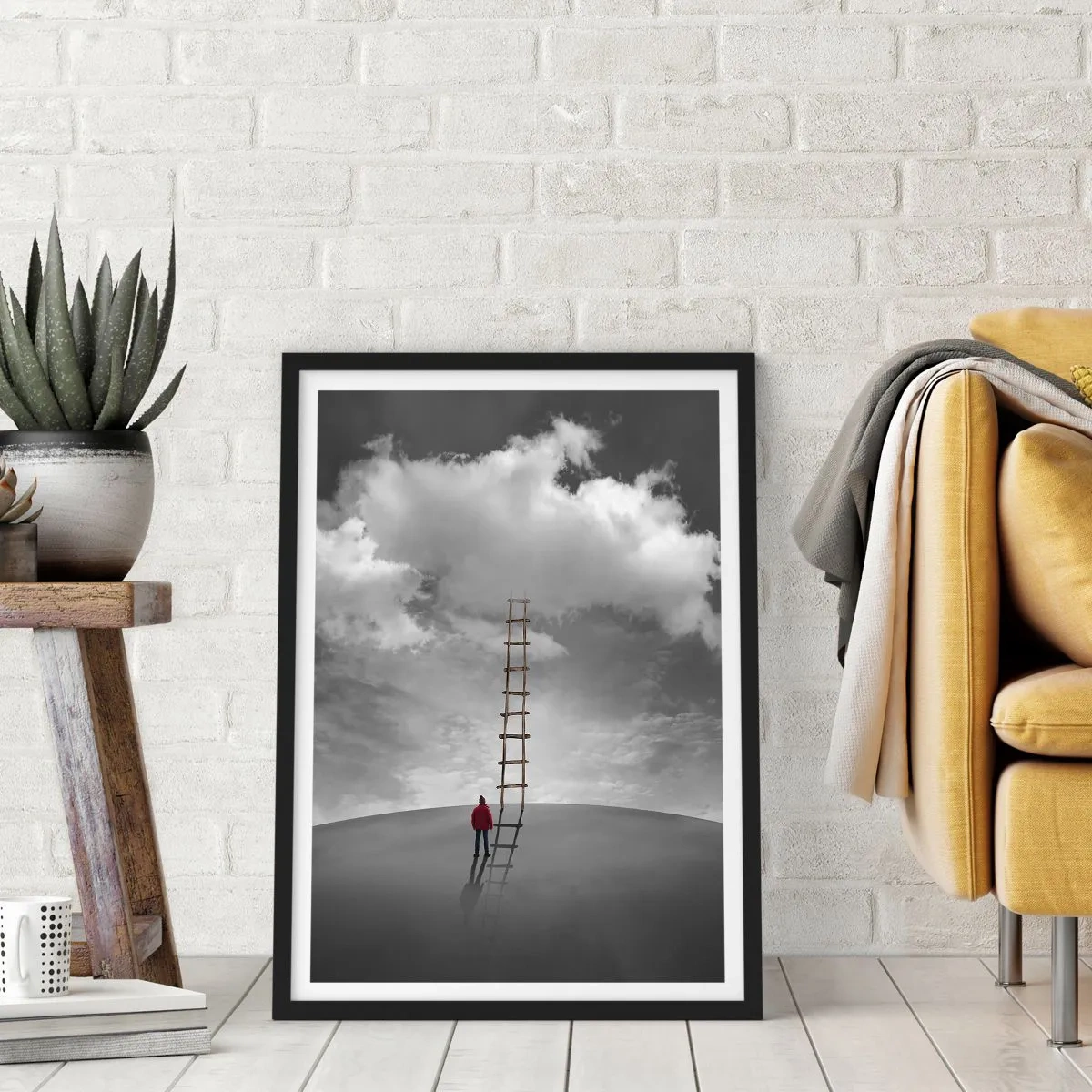 Poster in black frame - A man standing by a ladder leading to the clouds - 50x70cm - Everything Is Poissible - Modern wall decoration for the living room and bedroom ARTTOR
