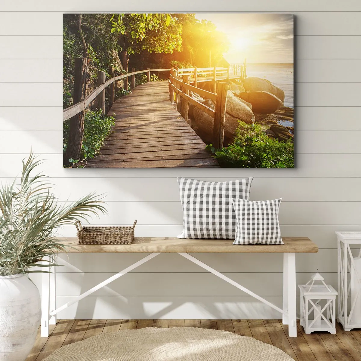 Canvas picture - A wooden bridge among greenery leading to the sea in the rays of the sun - 70x50cm - Another Bend, New Wonders - Modern wall decoration for the living room and bedroom ARTTOR