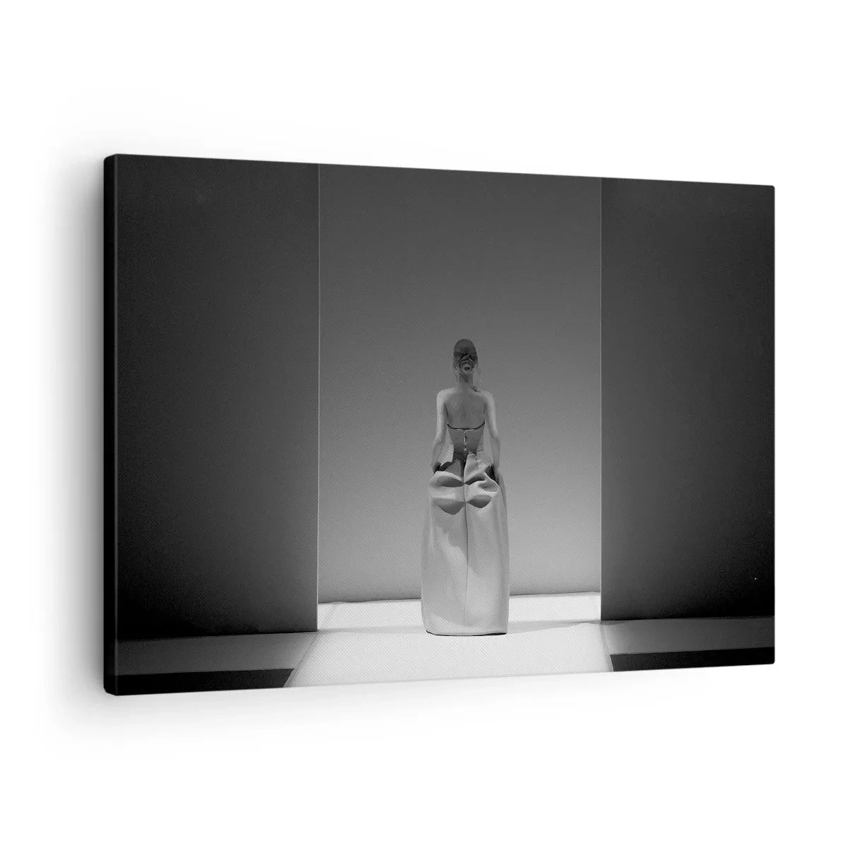 Canvas picture - A black and white painting with a minimalist scene of a woman in a geometric space. - 70x50cm - Refined Simplicity - Modern wall decoration for the living room and bedroom ARTTOR