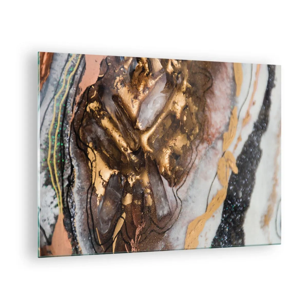 Glass picture - An abstract painting in shades of gold, brown, and white with a mineral-like texture. - 70x50cm - Element of the Earth - Modern wall decoration for the living room and bedroom ARTTOR