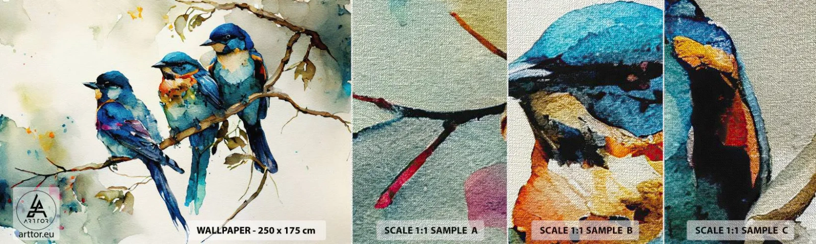 Photo Wallpaper Sample Premium Canvas - Is It Offended? - Birds, Nature, Watercolor - 100x30 cm