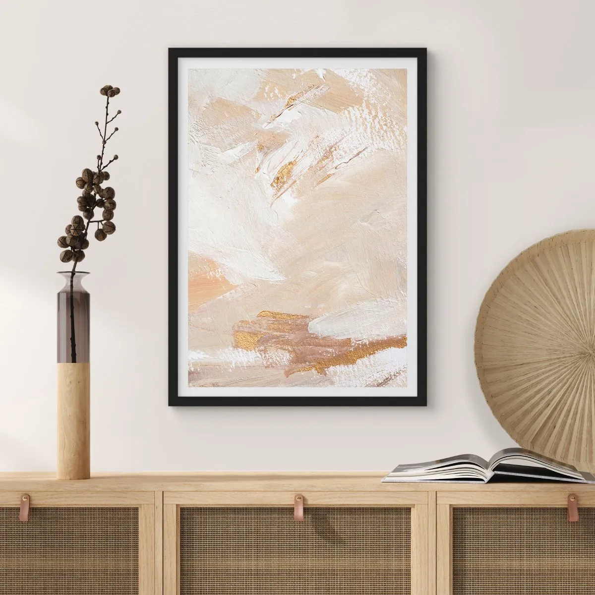 Poster in black frame - Abstract brushstrokes in beige and gold - 50x70cm - Pastel Composition - Modern wall decoration for the living room and bedroom ARTTOR