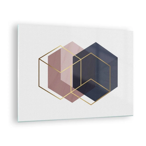 Glass picture - Golden outlines of cubes against a background of navy blue and pink solids - 70x50cm - Power of Simplicity - Modern wall decoration for the living room and bedroom ARTTOR