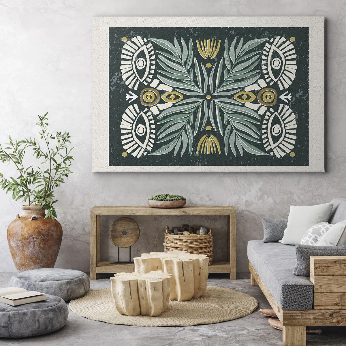 Canvas picture - Symmetrical plant pattern on a green background - 70x50cm - Like a Folklore Cutout - Modern wall decoration for the living room and bedroom ARTTOR