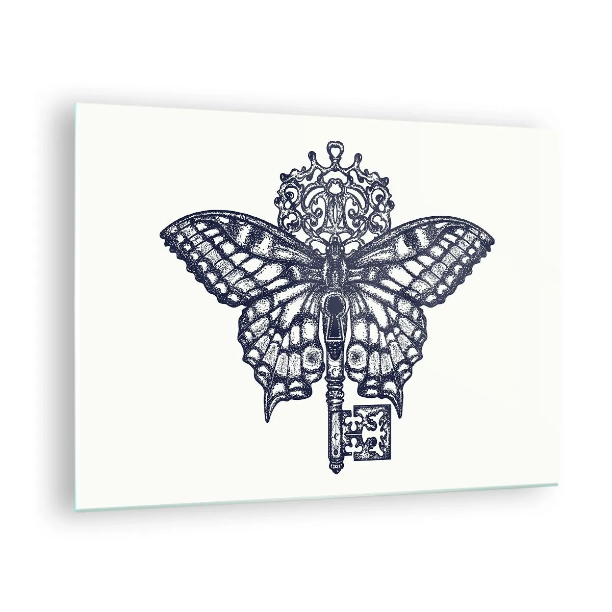 Glass picture - Illustration of a butterfly with a key in the center - 70x50cm - All Secrets of the Heart - Modern wall decoration for the living room and bedroom ARTTOR