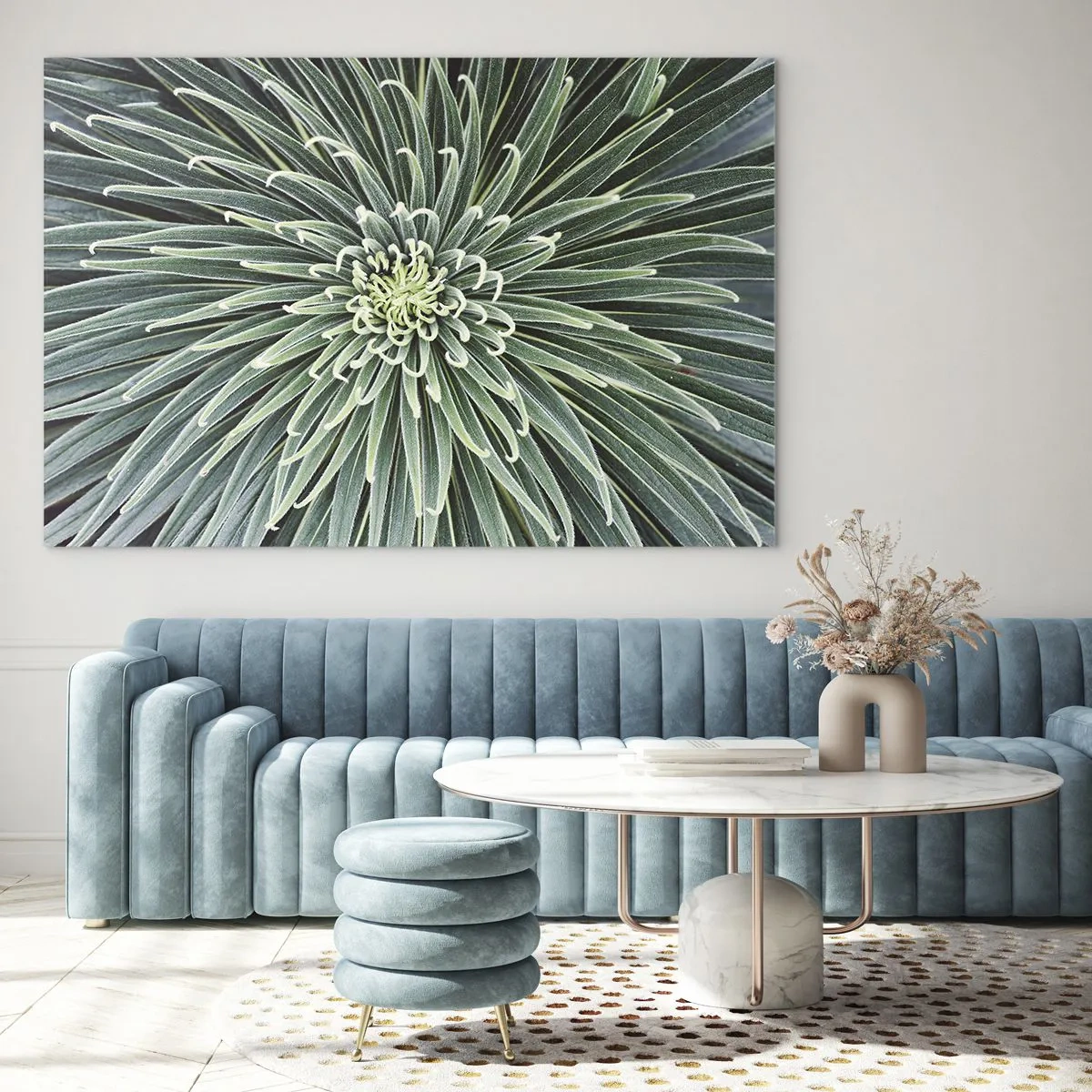 Glass picture - Symmetrical rosette of green leaves in macro photography - 70x50cm - Birth of a Star - Modern wall decoration for the living room and bedroom ARTTOR