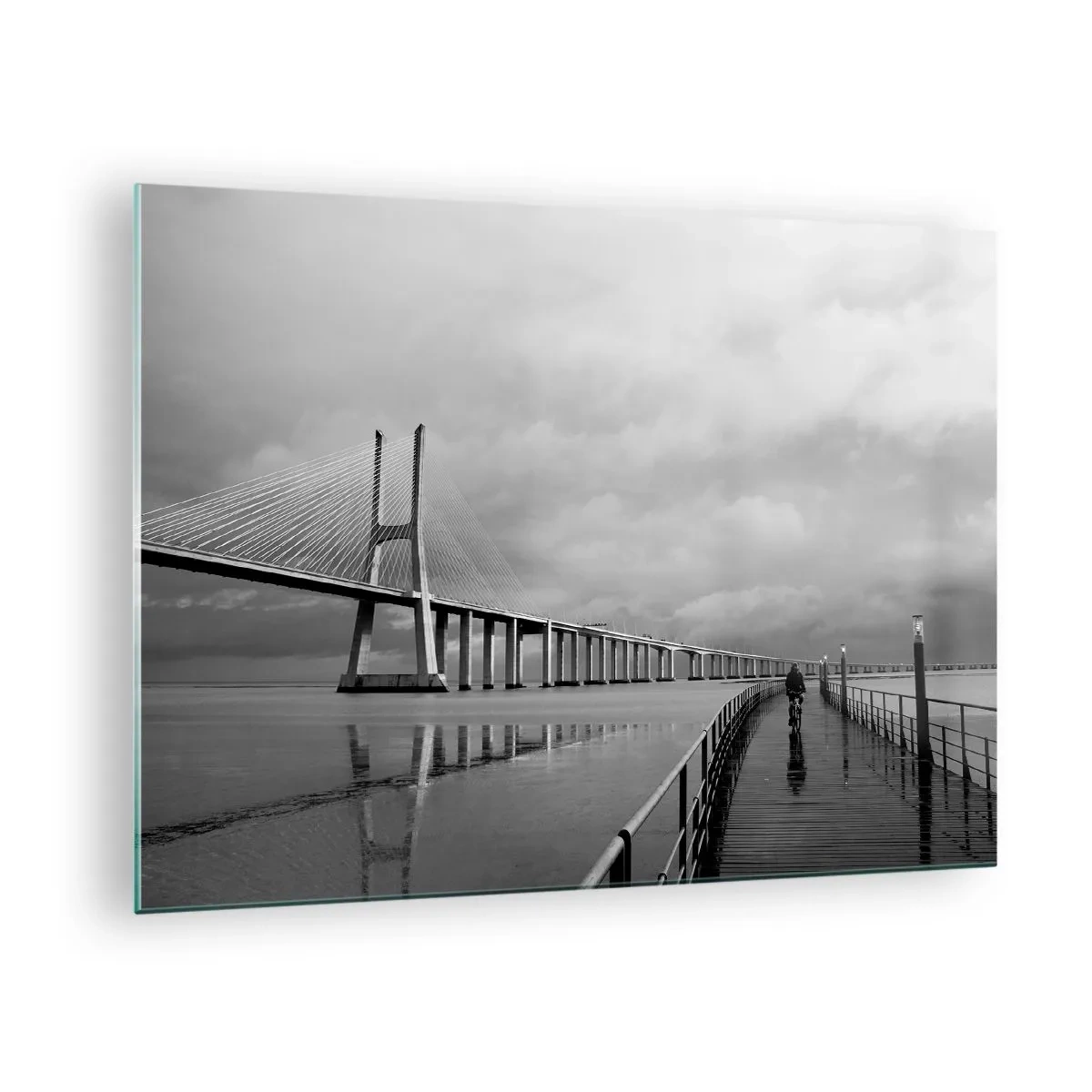 Glass picture - A bridge in a monochromatic landscape with a cyclist - 70x50cm - To Each His Own - Modern wall decoration for the living room and bedroom ARTTOR