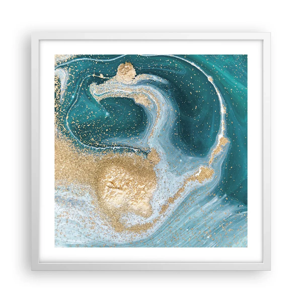 Poster in white frmae - Swirl of Gold and Turquiose - 50x50 cm