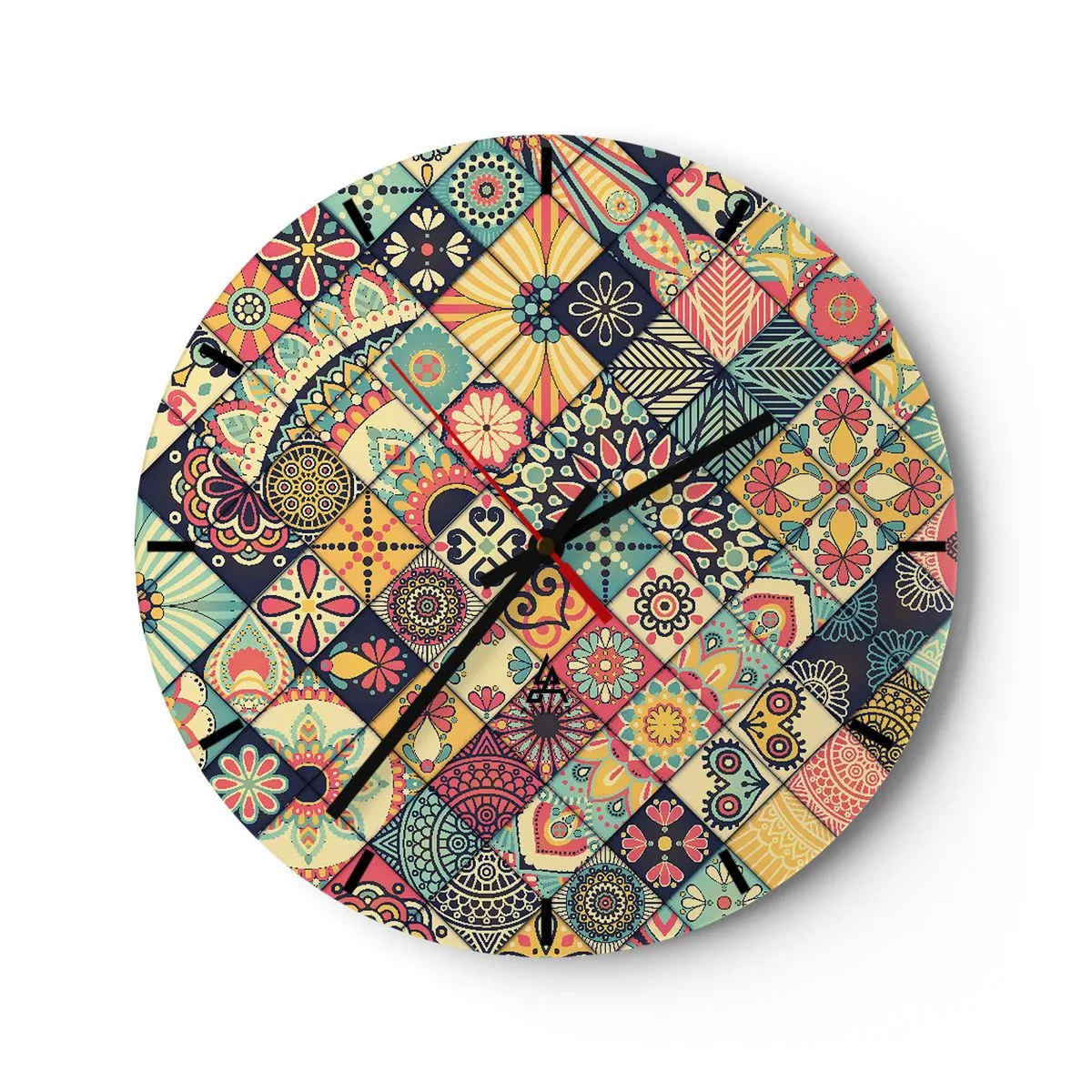 Wall clock - Clock on glass - Colorful patchwork motif with geometric patterns - 30x30cm - Moroccan Style - Modern wall decoration for the living room, kitchen, and bedroom ARTTOR