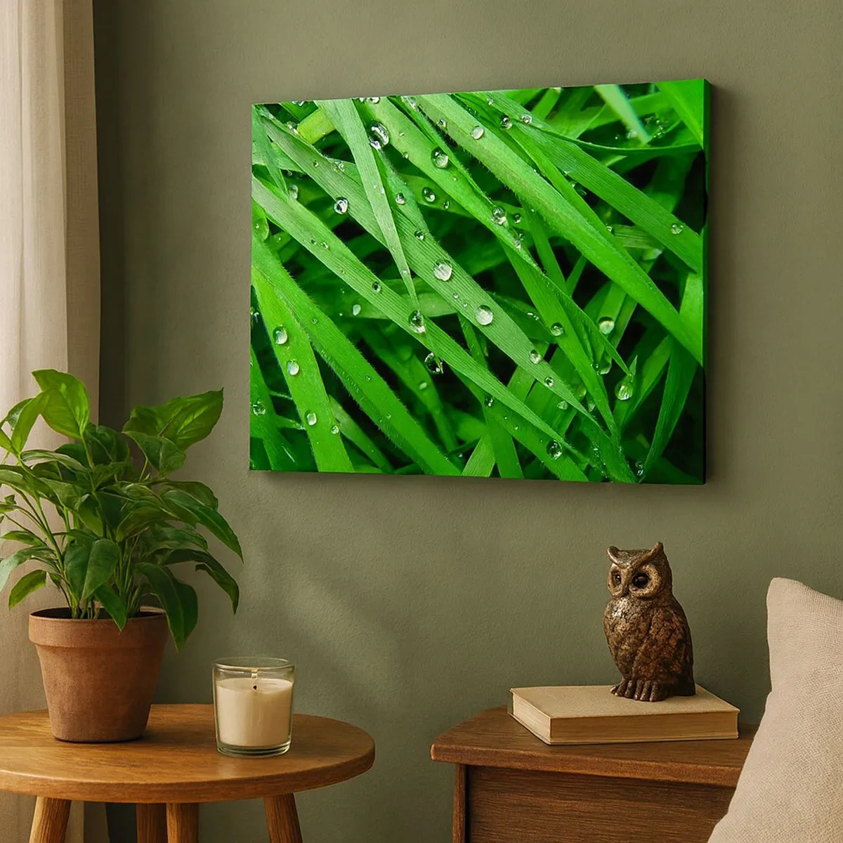 Canvas picture - Close-up of green blades of grass with dew drops - 70x50cm - Go Grren - Modern wall decoration for the living room and bedroom ARTTOR
