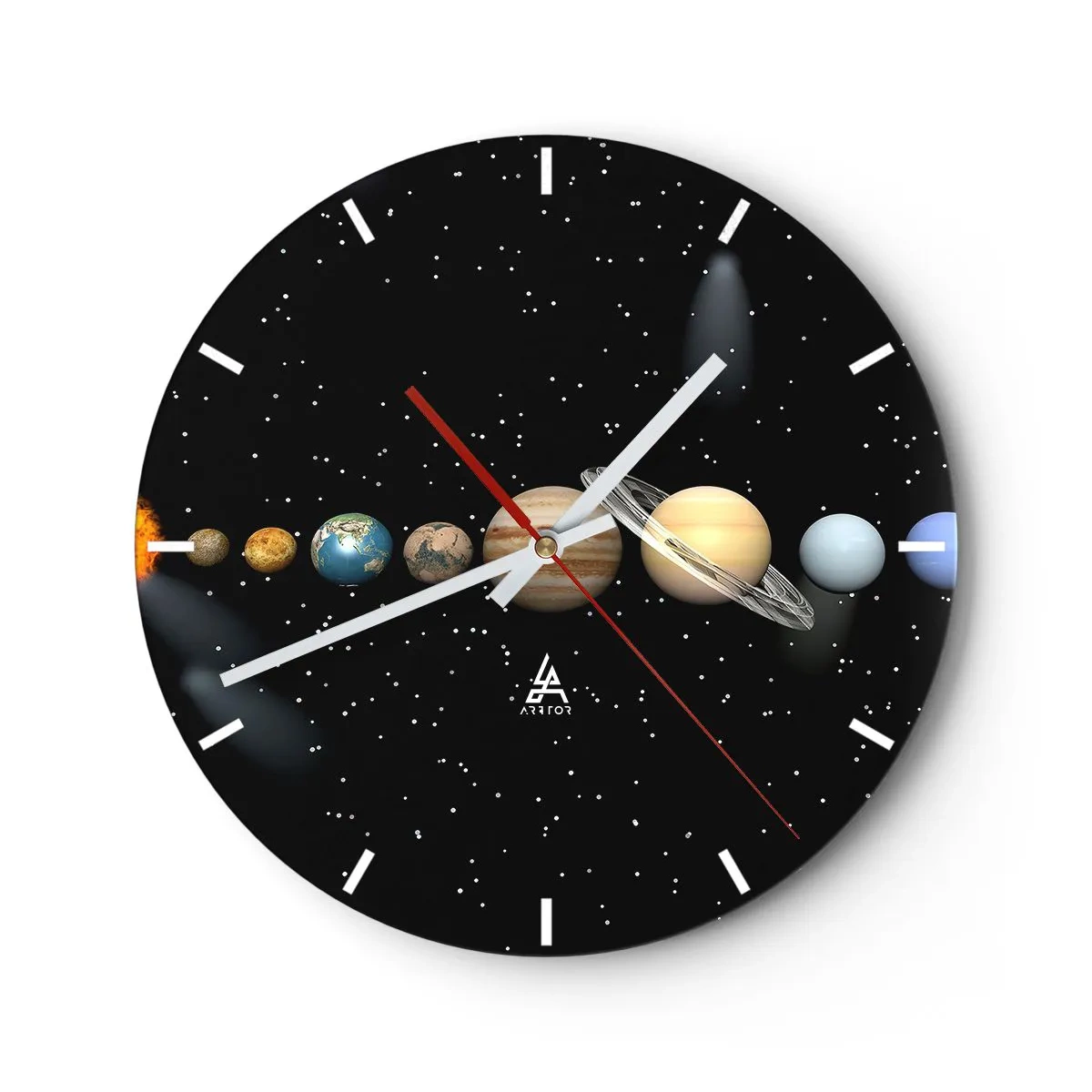 Wall clock - Clock on glass - The solar system with planets against the background of stars - 30x30cm - Planets are Revolving - Modern wall decoration for the living room, kitchen, and bedroom ARTTOR