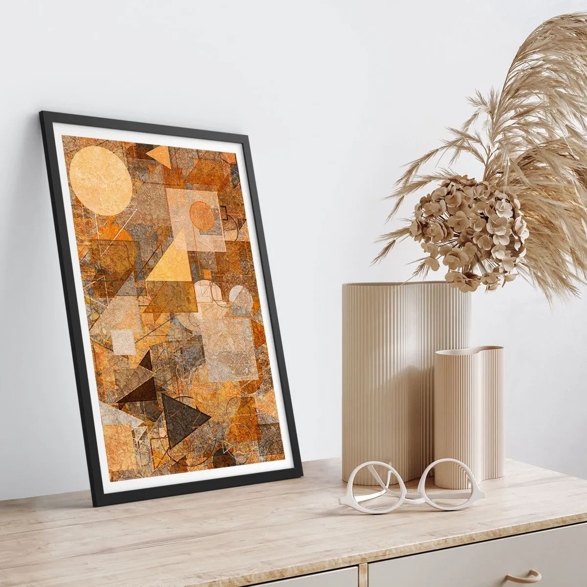 Poster in black frame - Abstract geometric composition in shades of brown and orange - 50x70cm - Cubist Study in Brown - Modern wall decoration for the living room and bedroom ARTTOR