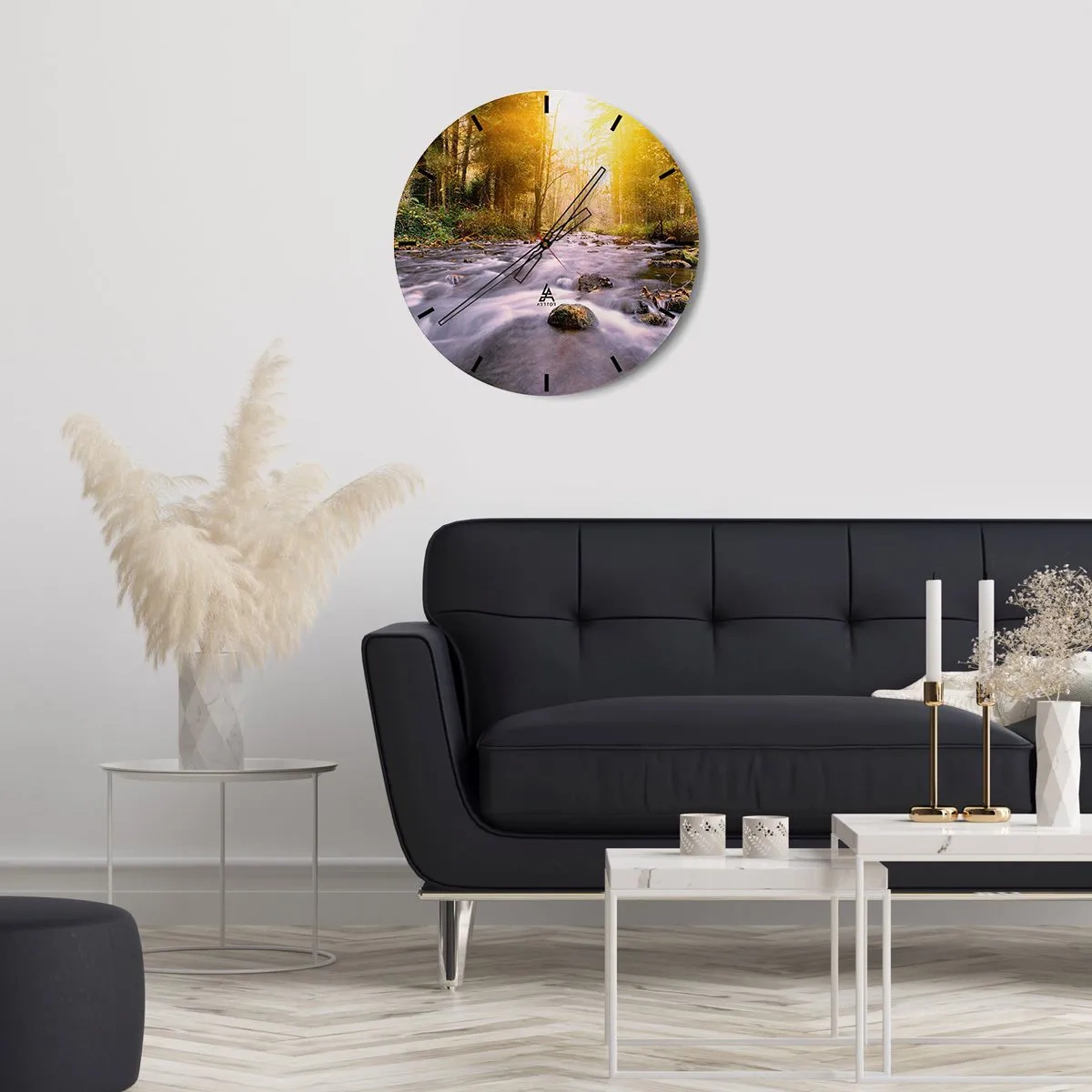 Wall clock - Clock on glass - Malachite in Silver and Gold Setting - 30x30 cm