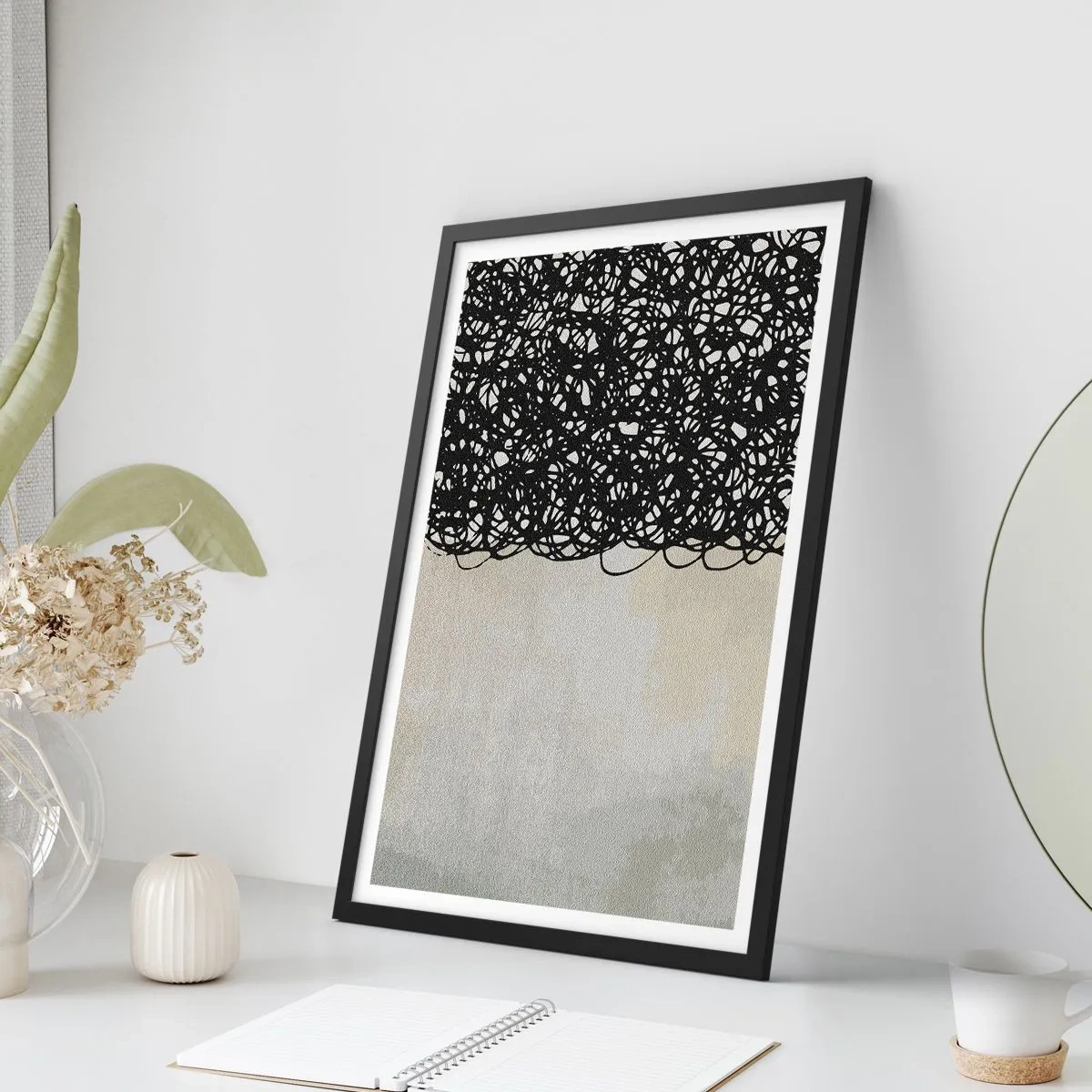 Poster in black frame - Abstract composition with black lines on a light background - 50x70cm - Abstract Squibs - Modern wall decoration for the living room and bedroom ARTTOR
