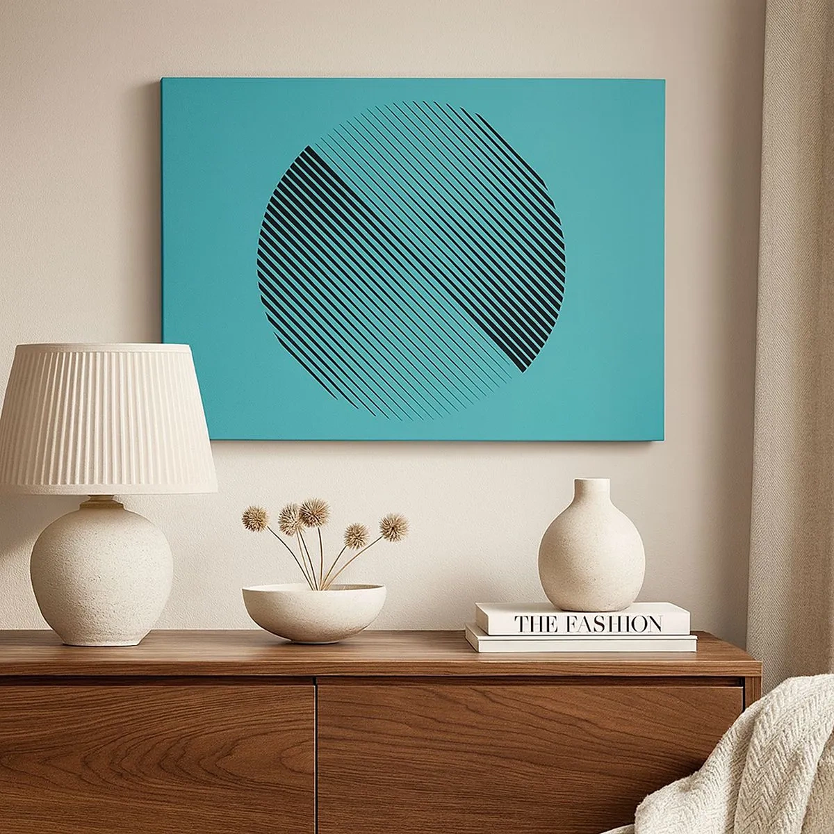 Canvas picture - A minimalist circle with lines on a turquoise background. - 70x50cm - Circle - Geometrical Variation - Modern wall decoration for the living room and bedroom ARTTOR