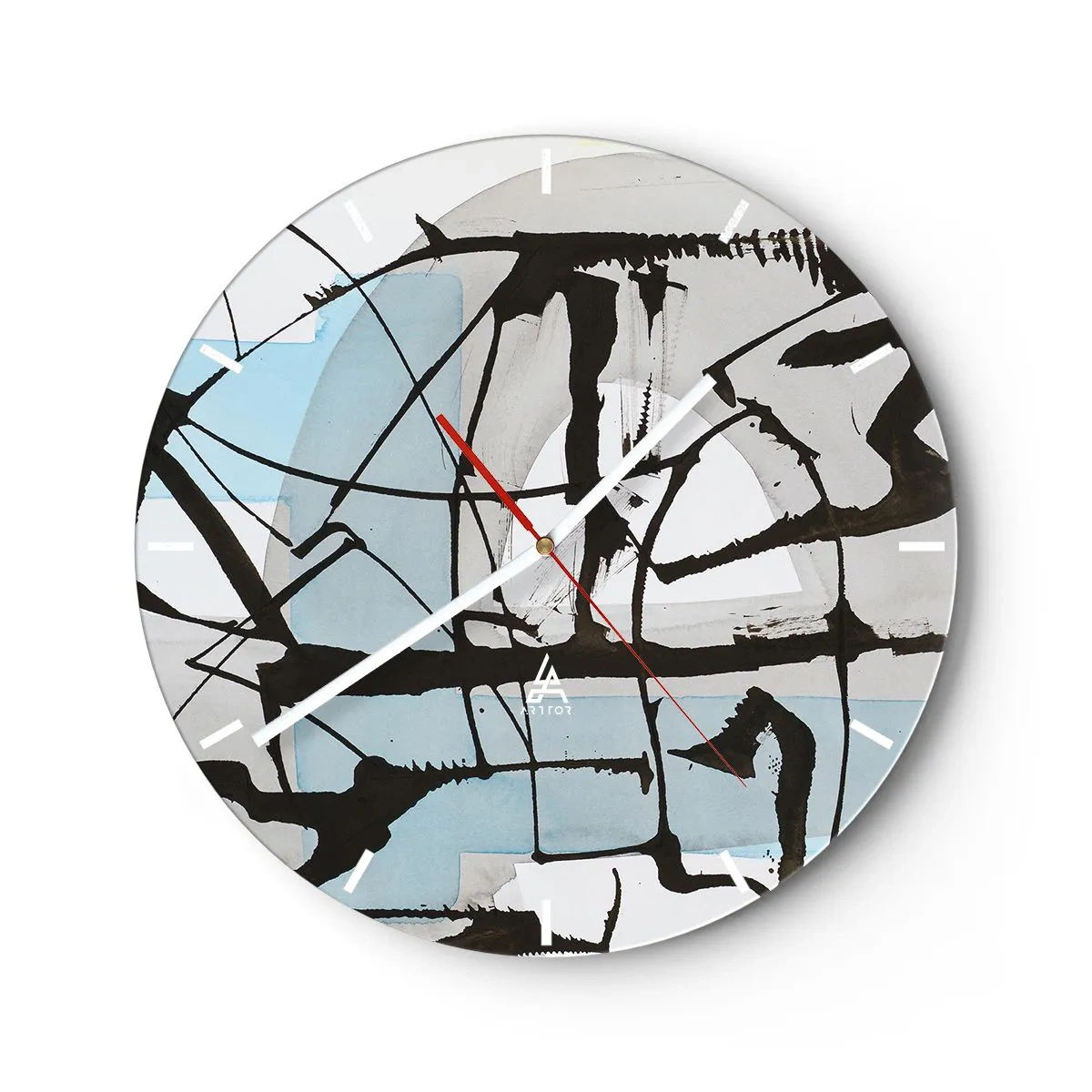 Wall clock - Clock on glass - Black abstract lines against a background of blue and gray spots - 30x30cm - After All Blue - Modern wall decoration for the living room, kitchen, and bedroom ARTTOR