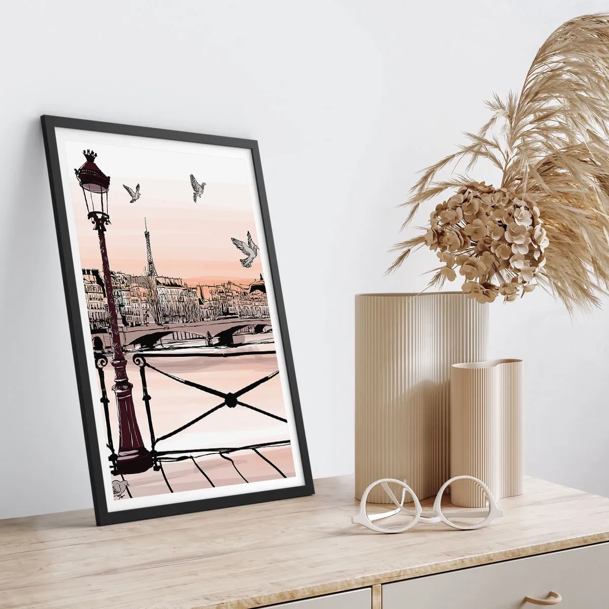 Poster in black frame - Illustration of Paris at sunset with a lantern and bridge - 50x70cm - Over the Roofs of Paris - Modern wall decoration for the living room and bedroom ARTTOR