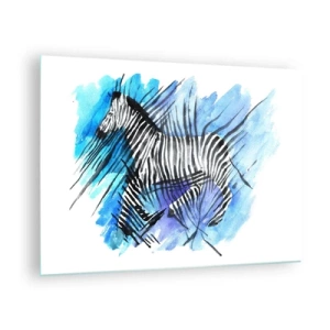 Glass picture - A zebra in an artistic watercolor composition against a blue background - 70x50cm - Hidden in Stripes - Modern wall decoration for the living room and bedroom ARTTOR