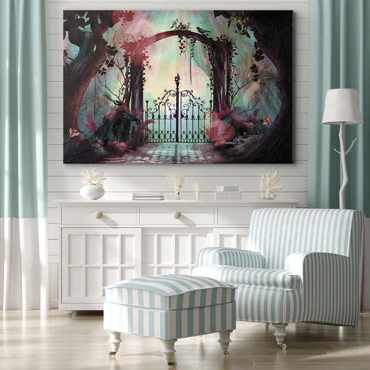 Canvas picture - A magical entrance with a wrought iron gate surrounded by mysterious vegetation - 70x50cm - Secret Garden - Modern wall decoration for the living room and bedroom ARTTOR