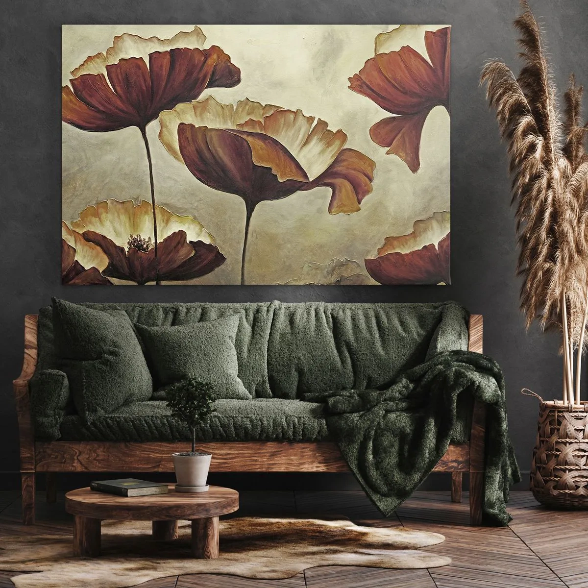Canvas picture - Subtle flowers in shades of red and gold on a light background - 70x50cm - Piece of Meadow - Modern wall decoration for the living room and bedroom ARTTOR