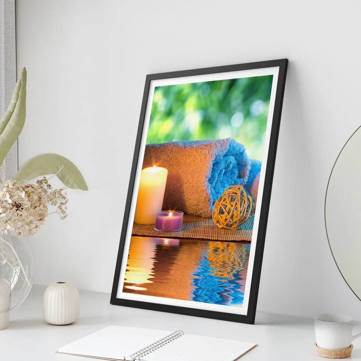 Poster in black frame - Candles and a towel against a natural landscape - 50x70cm - Time for the Body - Modern wall decoration for the living room and bedroom ARTTOR