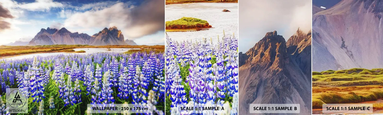 Photo Wallpaper Sample Standard Eco - Strength and Severity next to Sweetness - Landscape, Mountains, Flowers - 100x30 cm