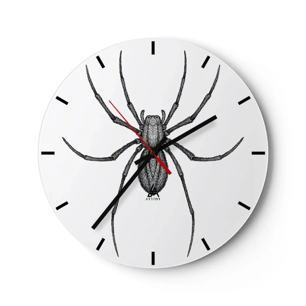 Wall clock - Clock on glass - Black and white illustration of a spider on a white background - 30x30cm - Disturbing Precision - Modern wall decoration for the living room, kitchen, and bedroom ARTTOR