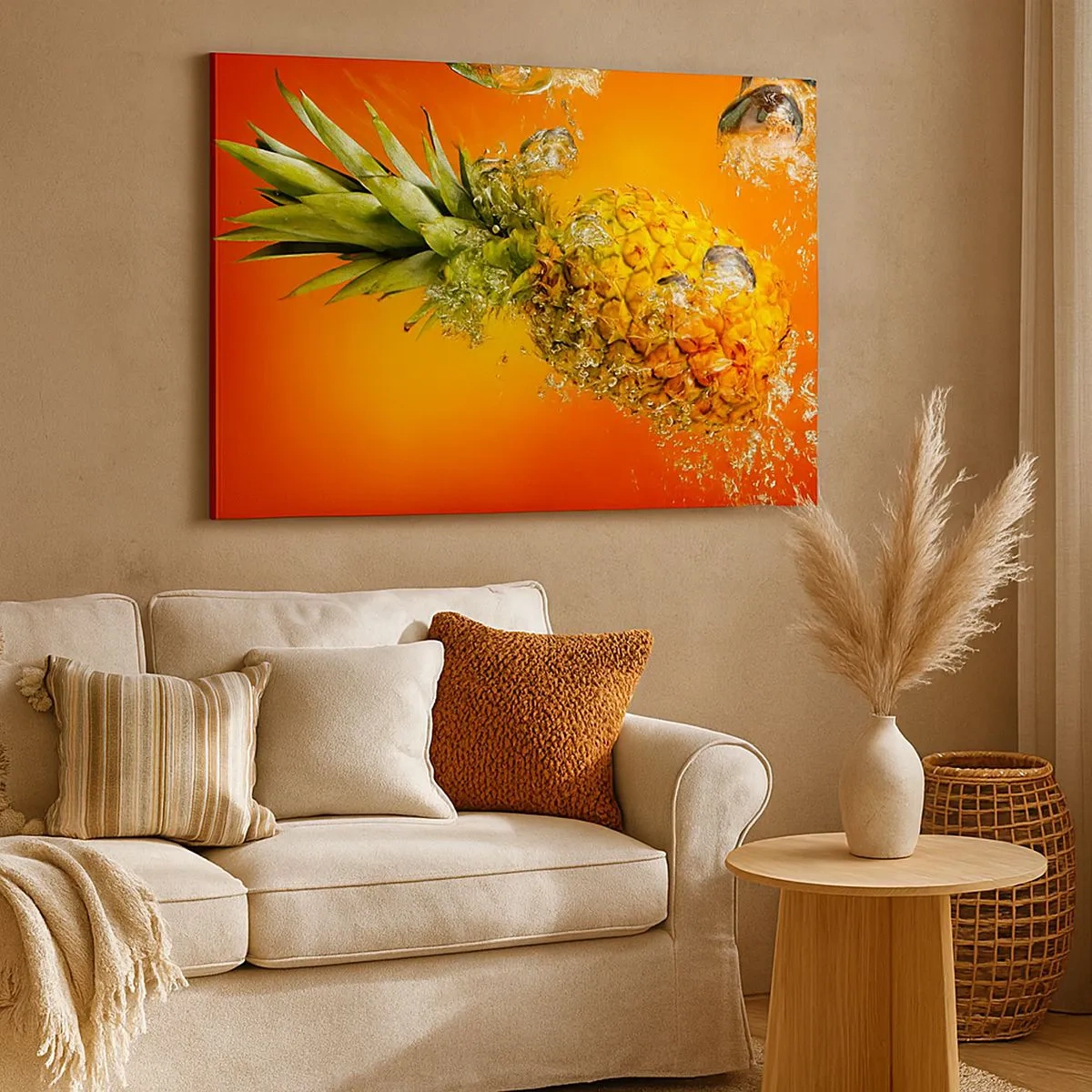 Canvas picture - pineapple submerged in water against an orange gradient background. - 70x50cm - Tropical Juicy Freshness - Modern wall decoration for the living room and bedroom ARTTOR