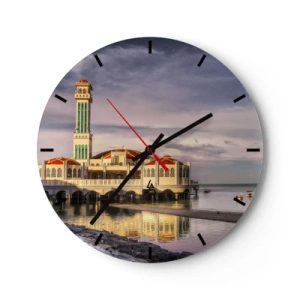 Wall clock - Clock on glass - An elegant building by the water with a reflection in the calm surface - 30x30cm - Temple of Nature - Modern wall decoration for the living room, kitchen, and bedroom ARTTOR