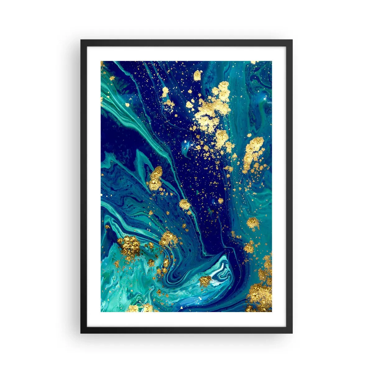 Poster in black frame - Abstract pattern in shades of blue and gold - 50x70cm - Sun Flakes - Modern wall decoration for the living room and bedroom ARTTOR