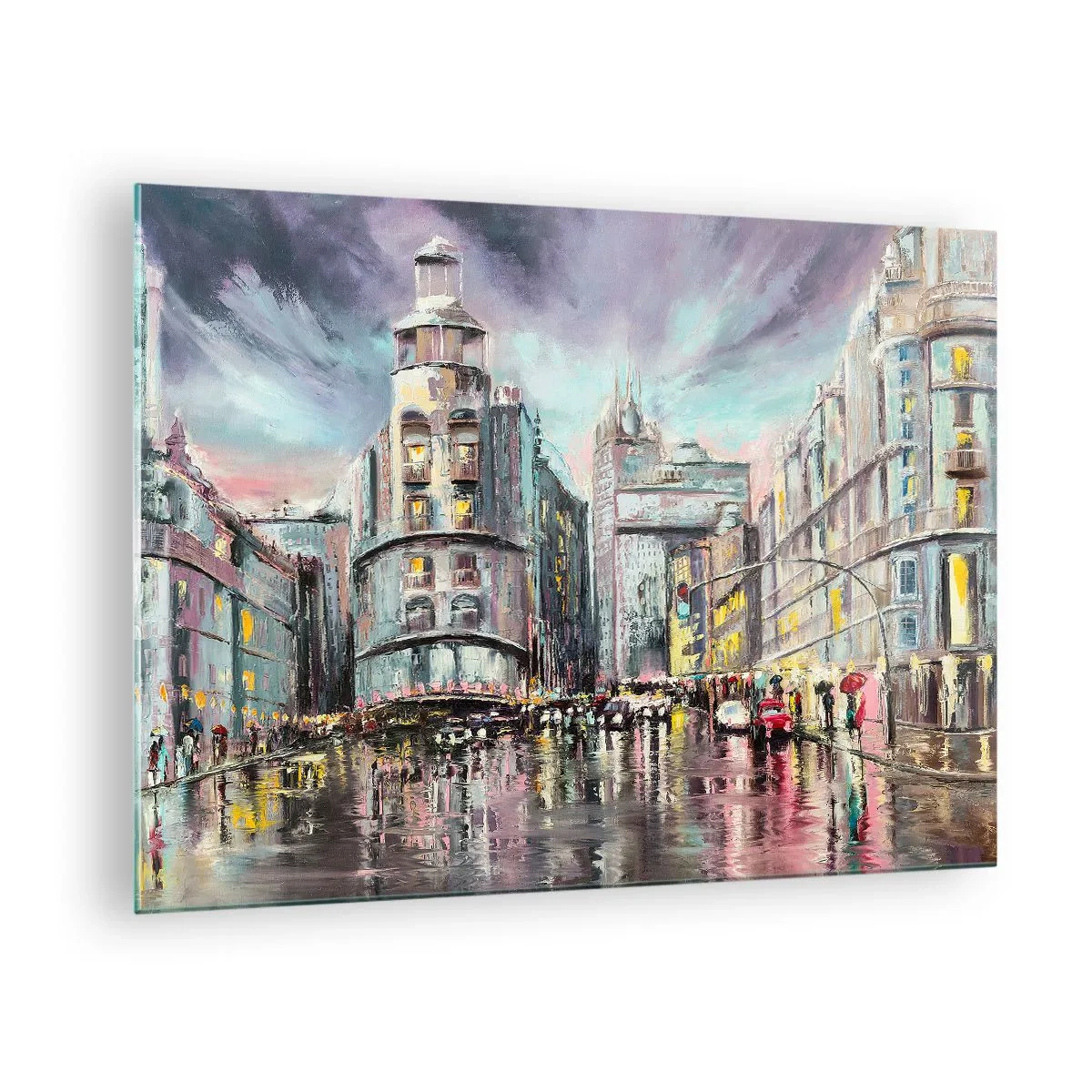 Glass picture - A city street in the rain with a spectacular reflection of the lights - 70x50cm - It Will Be a Great Evening - Modern wall decoration for the living room and bedroom ARTTOR