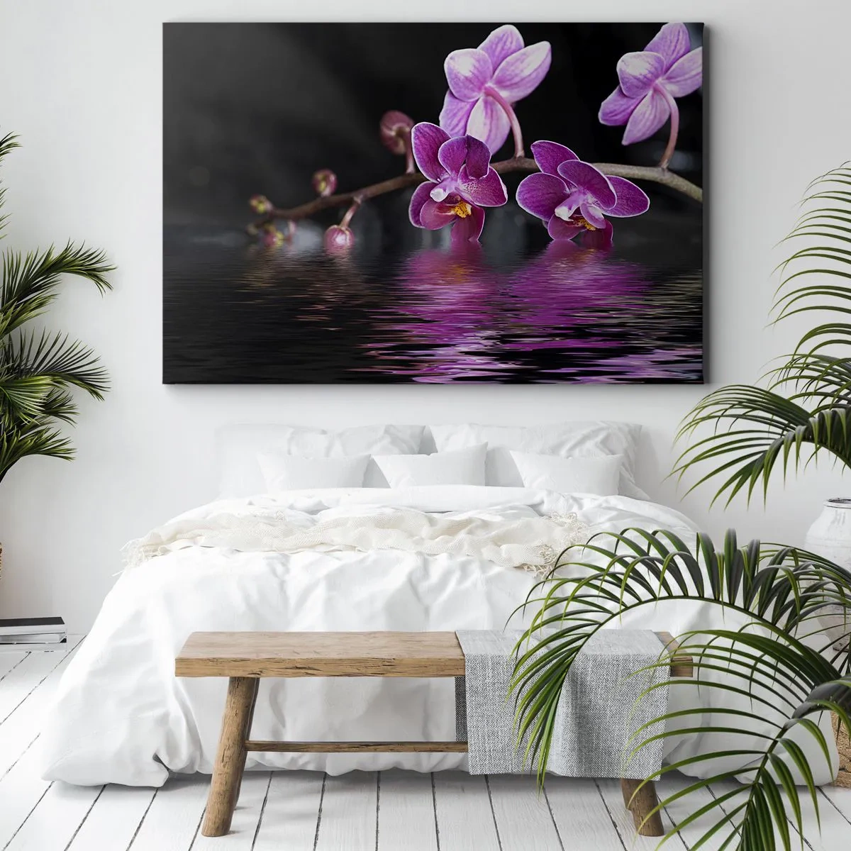 Canvas picture - Purple orchids over calm water against a black background - 70x50cm - Lilac Reflection of Beauty - Modern wall decoration for the living room and bedroom ARTTOR