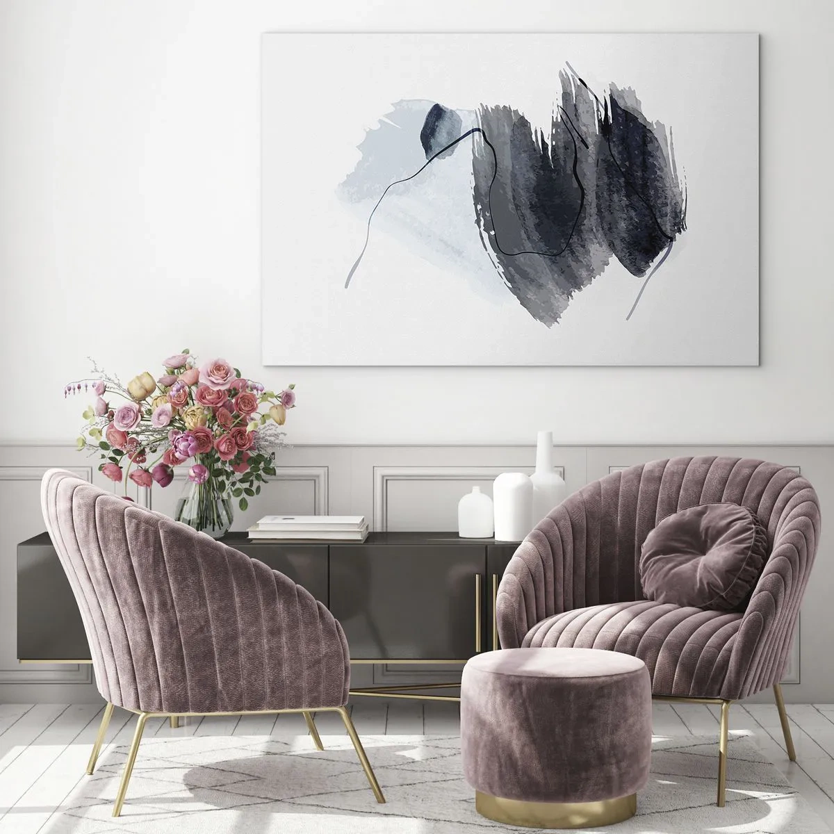 Glass picture - An abstract composition in shades of navy blue and gray - 70x50cm - Intensity and Movement - Modern wall decoration for the living room and bedroom ARTTOR