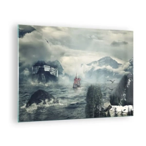 Glass picture - A ship on a stormy sea with a castle in the background - 70x50cm - On Magical Waters - Modern wall decoration for the living room and bedroom ARTTOR