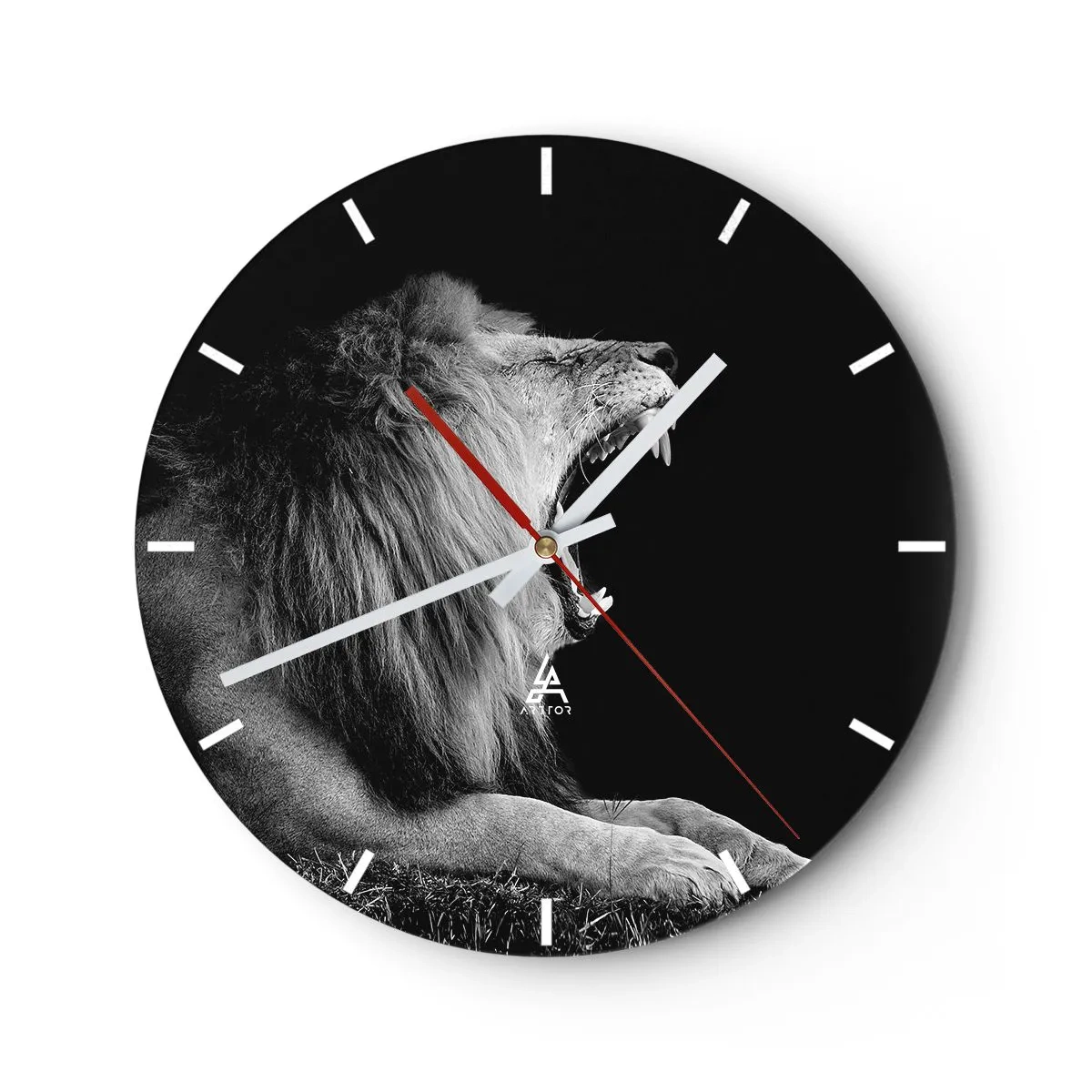 Wall clock - Clock on glass - Black and white photo of a roaring lion - 30x30cm - Without Any Doubt - Modern wall decoration for the living room, kitchen, and bedroom ARTTOR