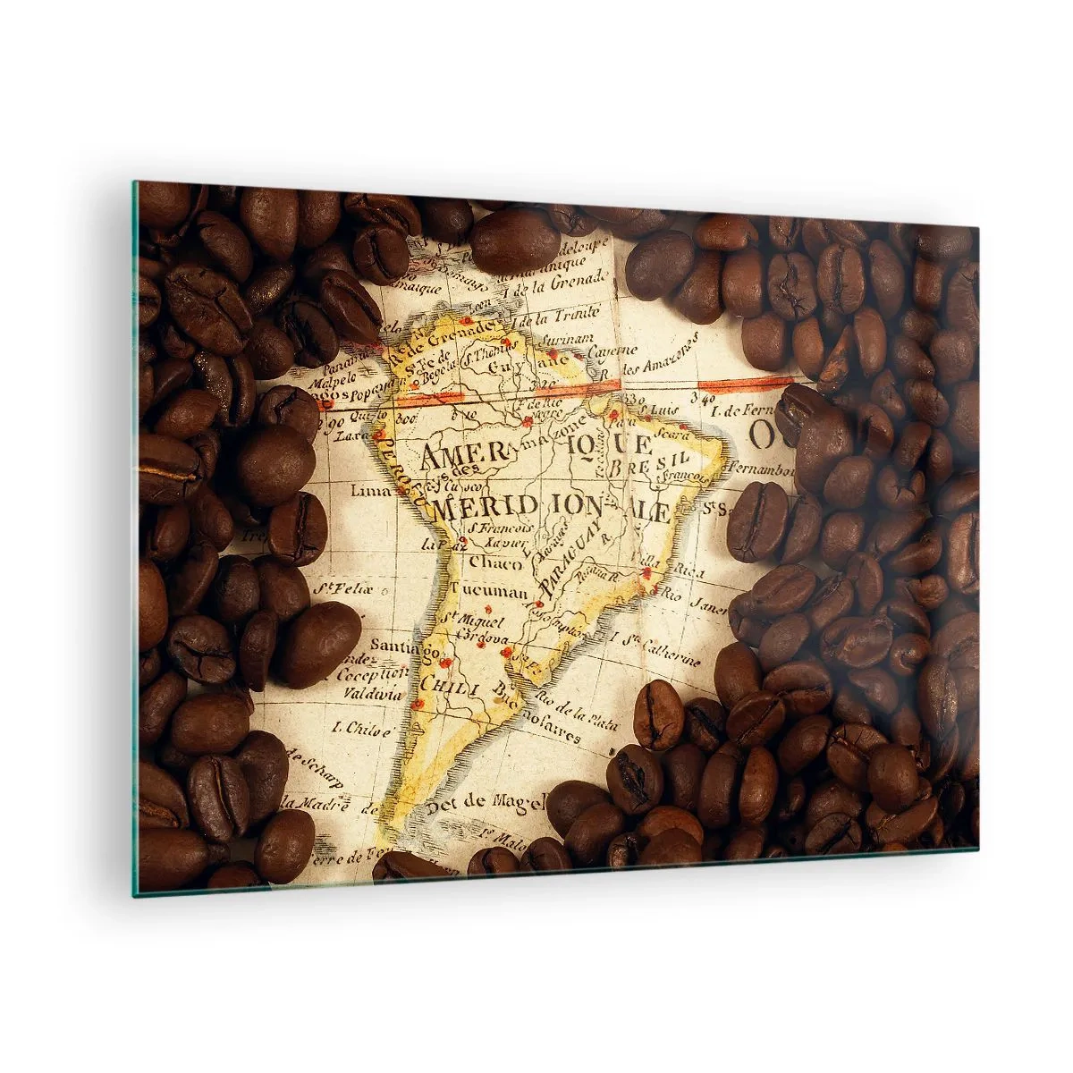 Glass picture - A map of South America surrounded by coffee beans. - 70x50cm - Where Does the Best Coffee Come from? - Modern wall decoration for the living room and bedroom ARTTOR