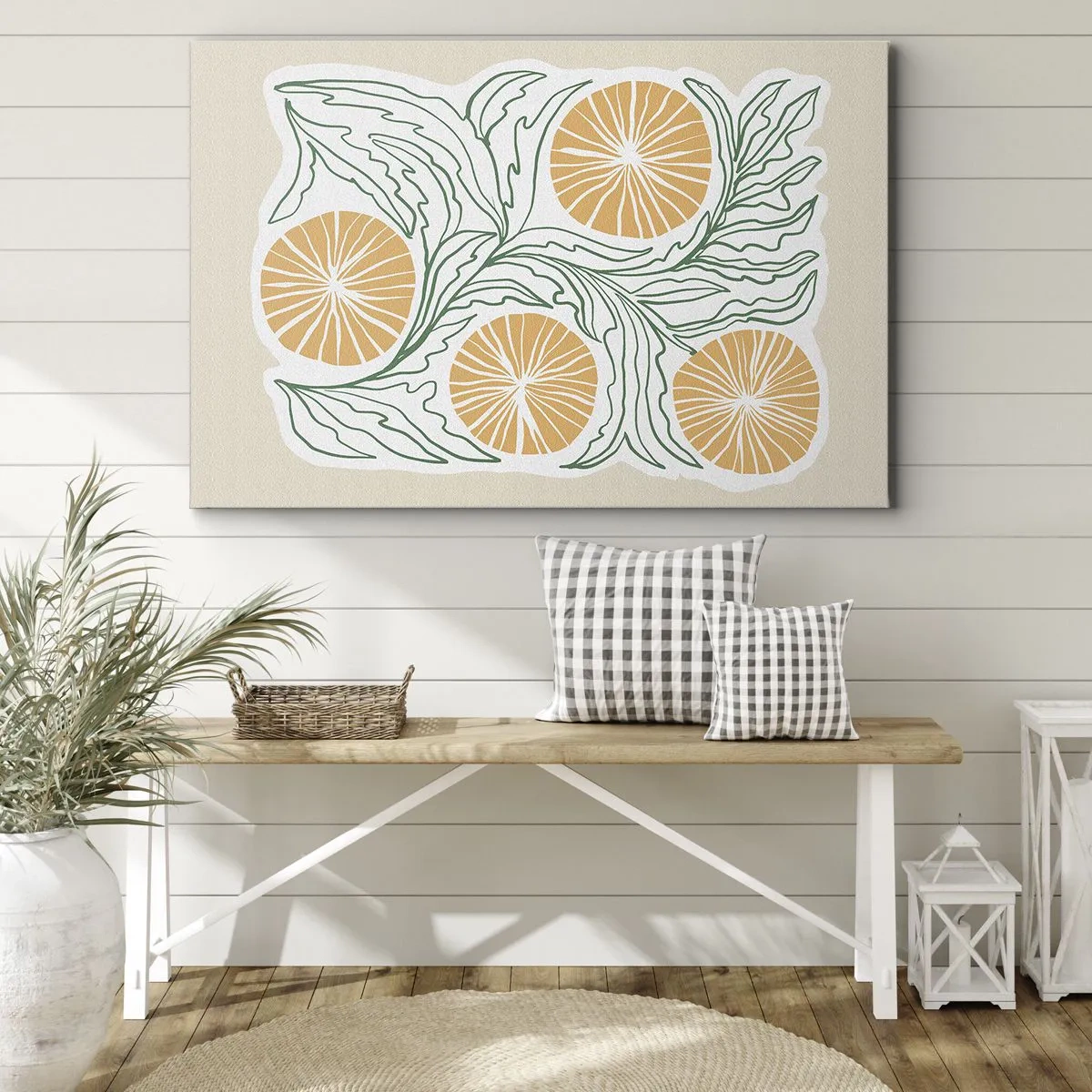Canvas picture - A minimalist orange motif with green leaves - 70x50cm - Ethnic with an Abstract Note - Modern wall decoration for the living room and bedroom ARTTOR