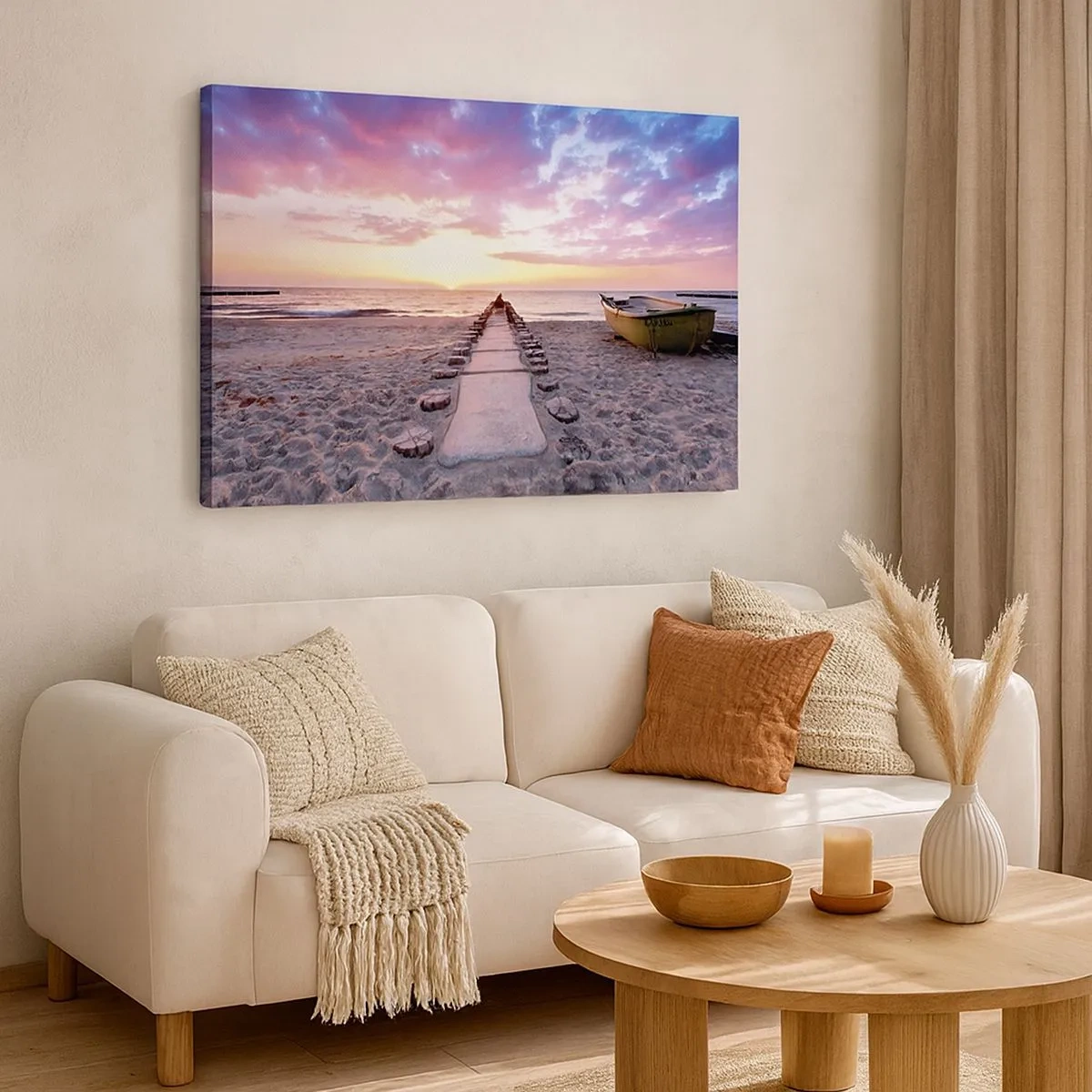 Canvas picture - Sunrise beach with boat and pier - 70x50cm - Moments of Profound Experience - Modern wall decoration for the living room and bedroom ARTTOR