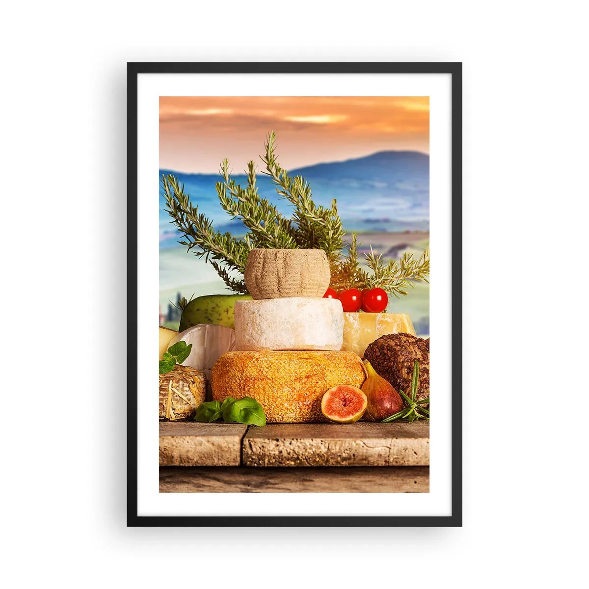 Poster in black frame - Rustic stack of cheeses against a landscape backdrop - 50x70cm - Italian Joie de Vivre - Modern wall decoration for the living room and bedroom ARTTOR