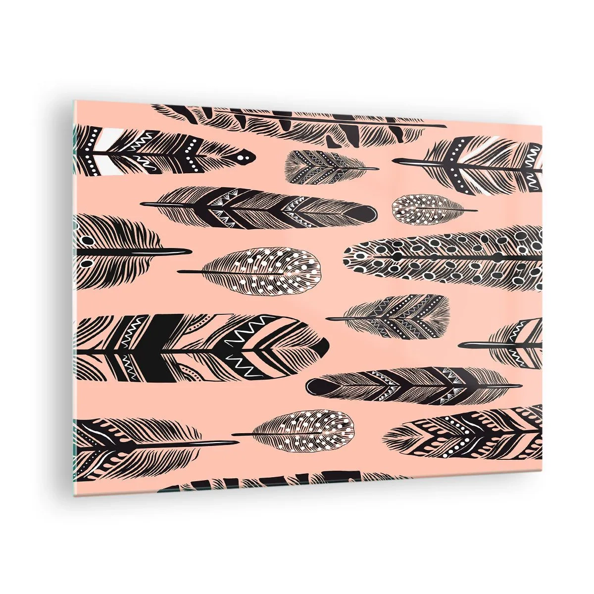 Glass picture - Decorative feathers with black and white patterns on a pink background - 70x50cm - Indian Collection - Modern wall decoration for the living room and bedroom ARTTOR