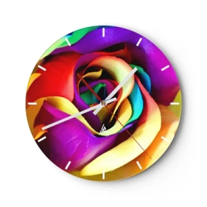Wall clock - Clock on glass - A close-up of a rainbow rose with intense colors - 30x30cm - It's Impossible - Modern wall decoration for the living room, kitchen, and bedroom ARTTOR