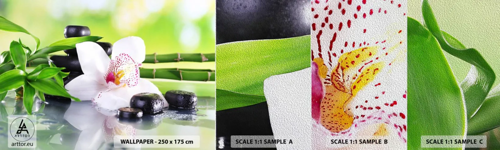 Photo Wallpaper Sample Premium Sand - Cool Freshness - Bamboo, Flower, Orchid - 100x30 cm