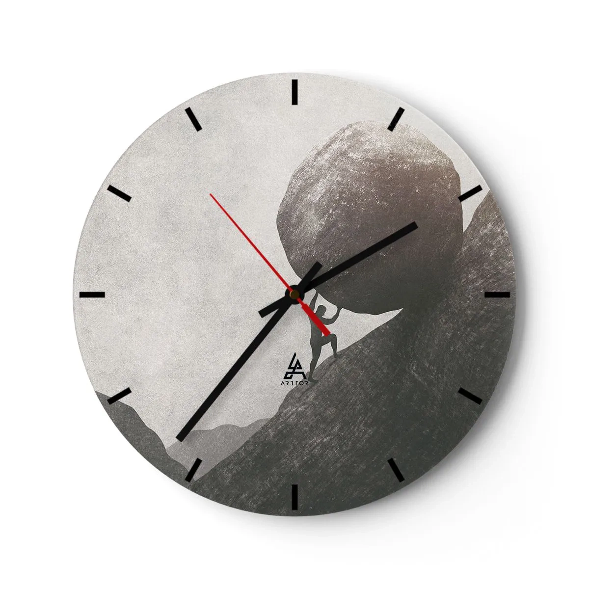Wall clock - Clock on glass - A figure pushing a boulder uphill against a gray sky - 30x30cm - I Believe against Hope - Modern wall decoration for the living room, kitchen, and bedroom ARTTOR