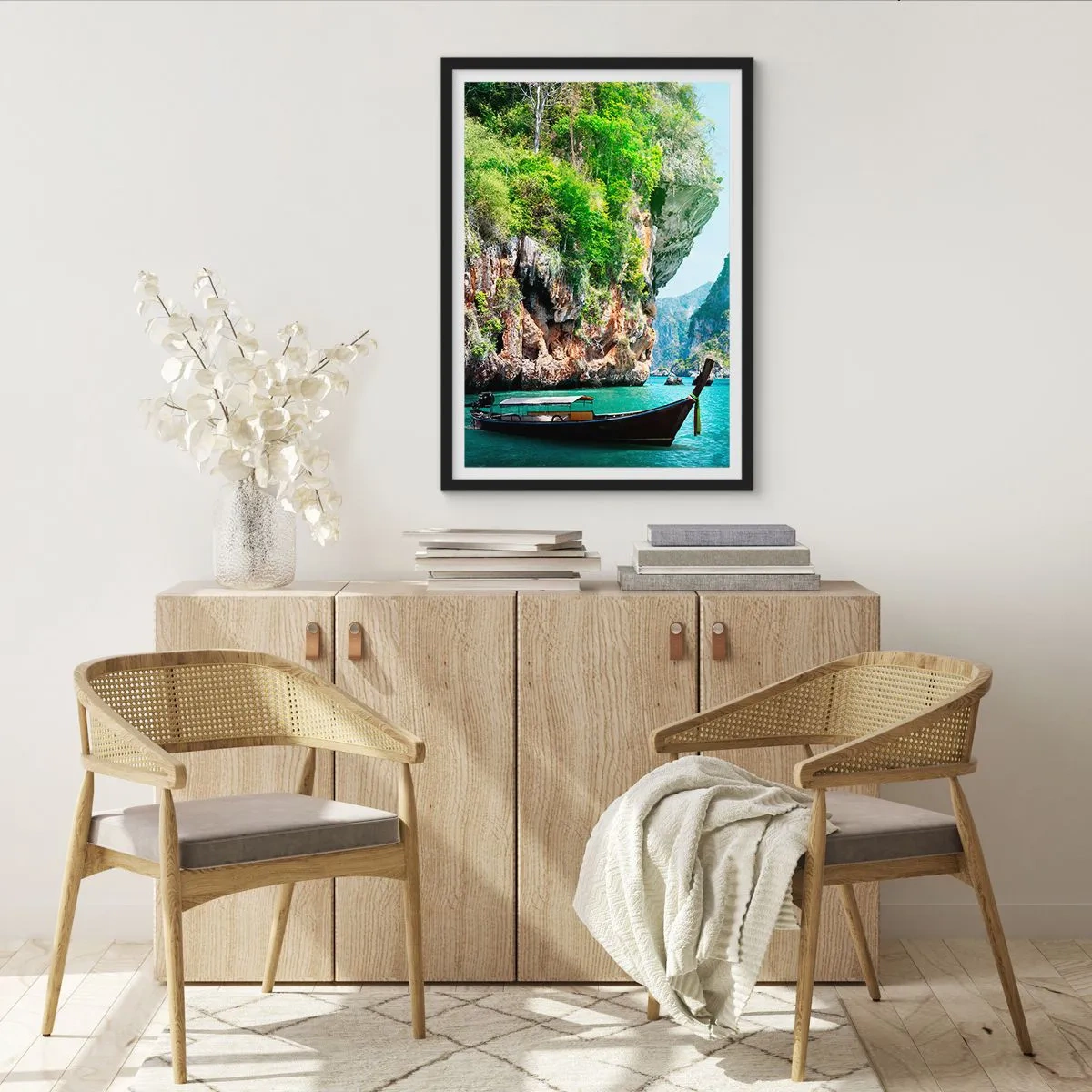 Poster in black frame - traditional boat against the backdrop of picturesque rocks and greenery - 50x70cm - Invitation for an Exotic Trip - Modern wall decoration for the living room and bedroom ARTTOR