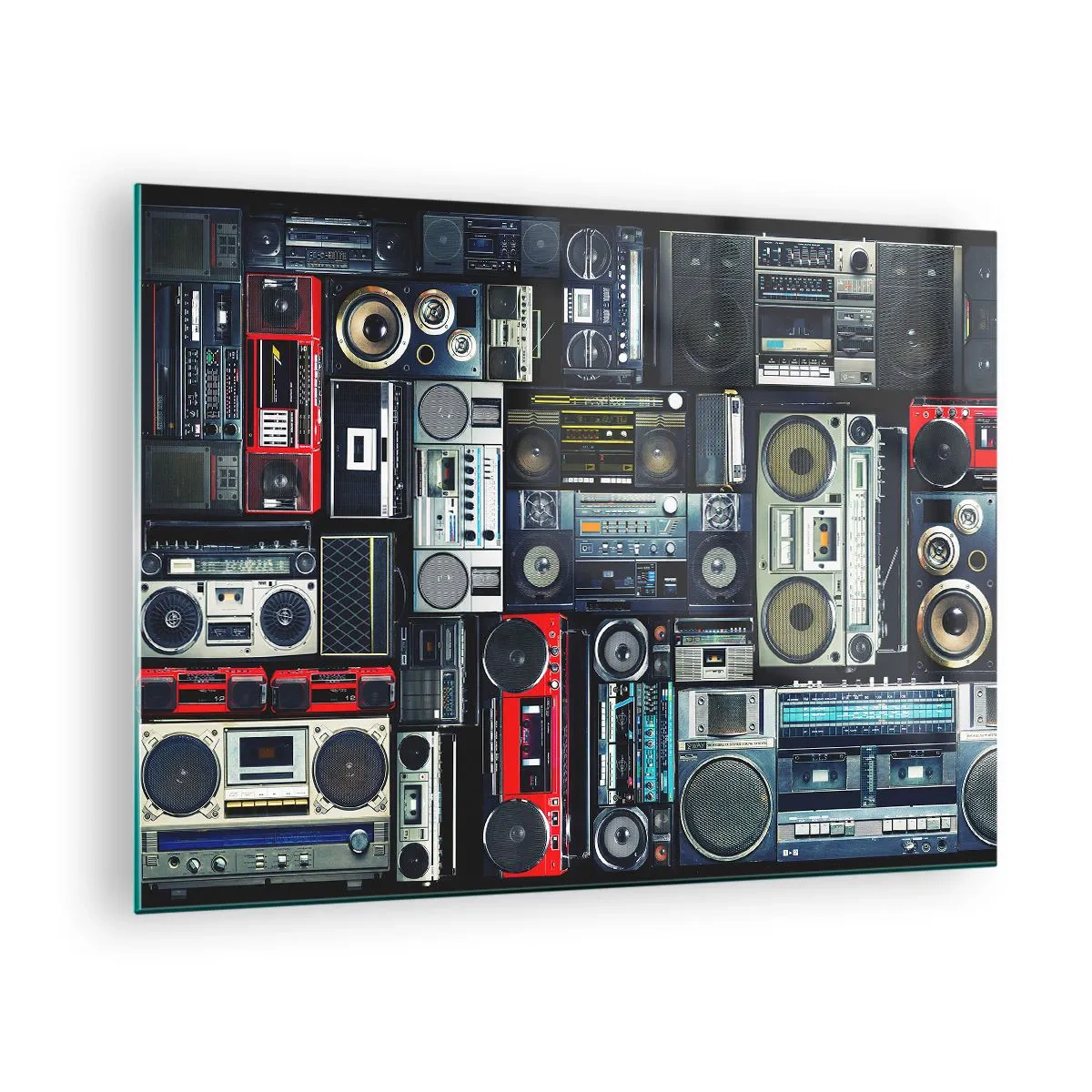 Glass picture - A collage of retro radios and tape recorders on a dark background. - 70x50cm - Nostalgy for the 80-ies - Modern wall decoration for the living room and bedroom ARTTOR