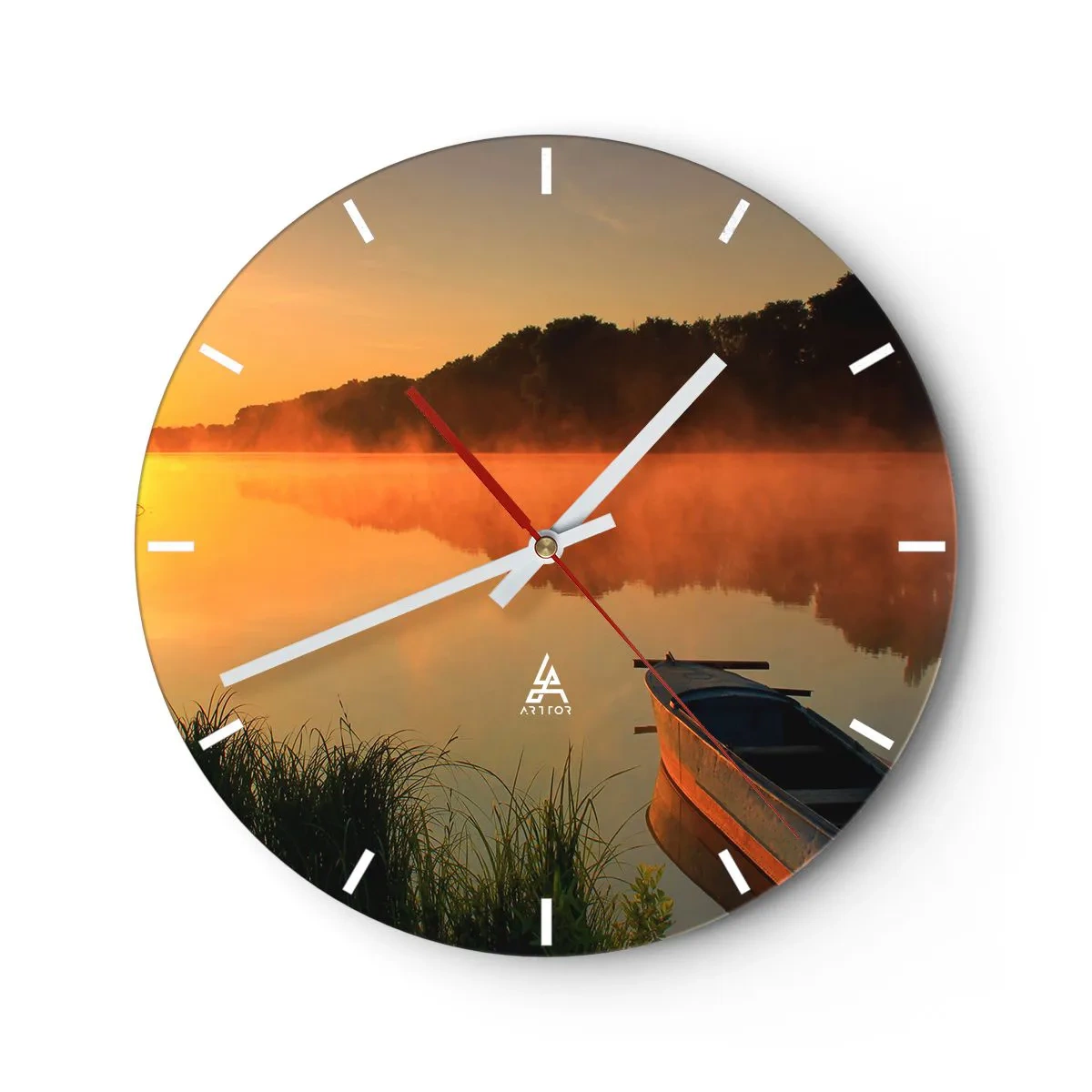 Wall clock - Clock on glass - A boat on a lake in the morning surrounded by fog - 30x30cm - Sunrise by a Mirror-like Water - Modern wall decoration for the living room, kitchen, and bedroom ARTTOR