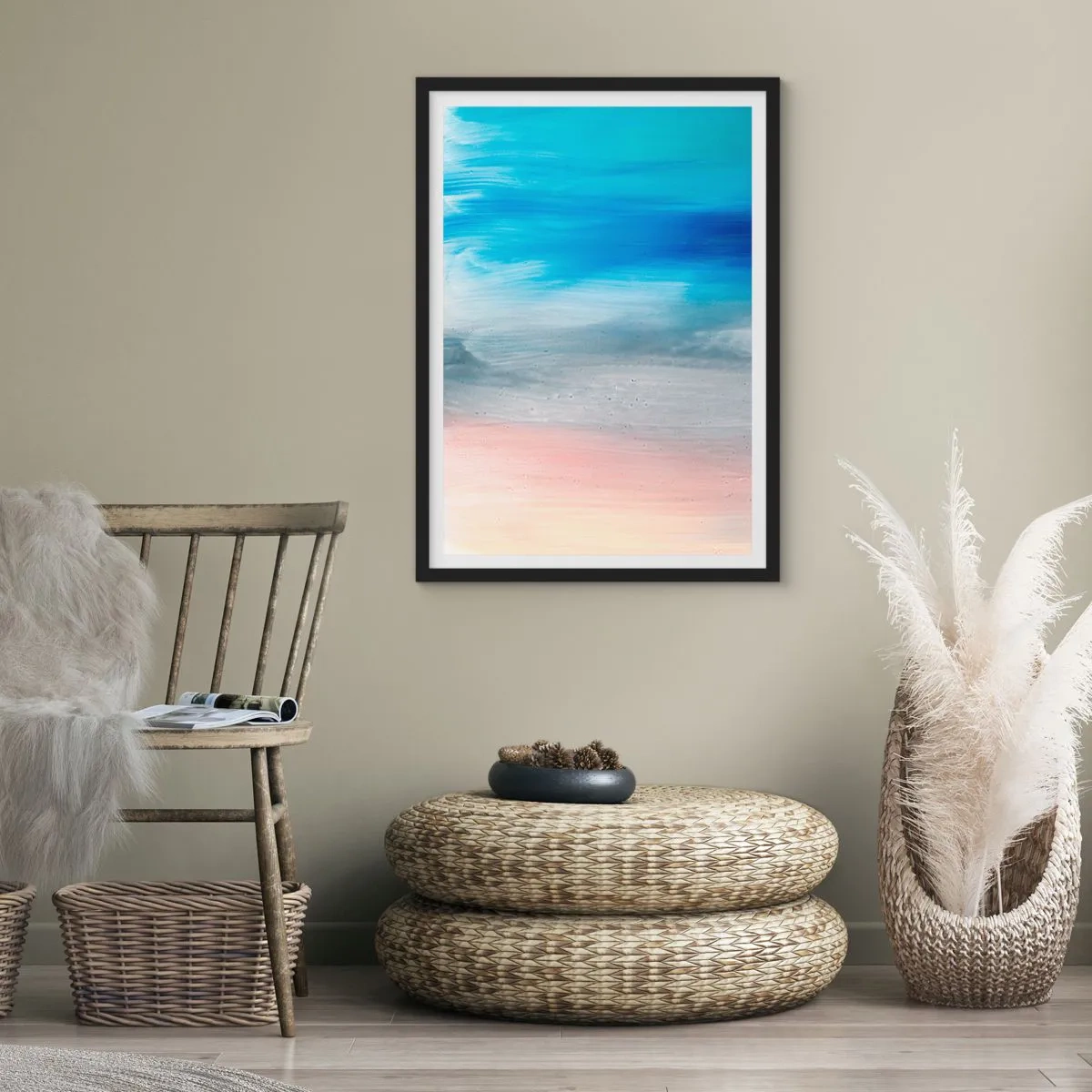 Poster in black frame - An abstract composition in shades of blue, gray and beige. - 50x70cm - Elements: Air - Modern wall decoration for the living room and bedroom ARTTOR
