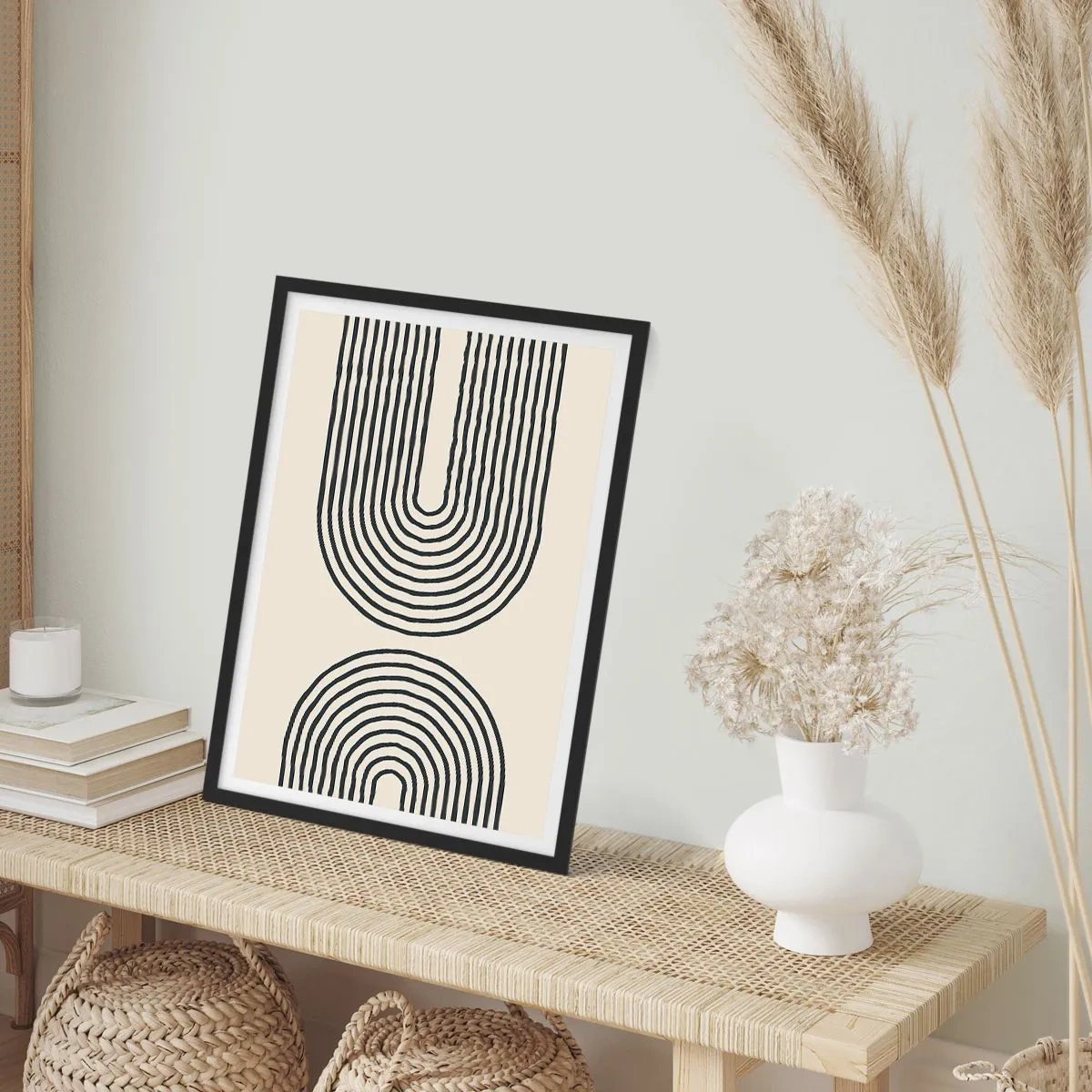 Poster in black frame - An abstract pattern with lines forming symmetrical arcs in a minimalist style. - 50x70cm - In One Moment… - Modern wall decoration for the living room and bedroom ARTTOR