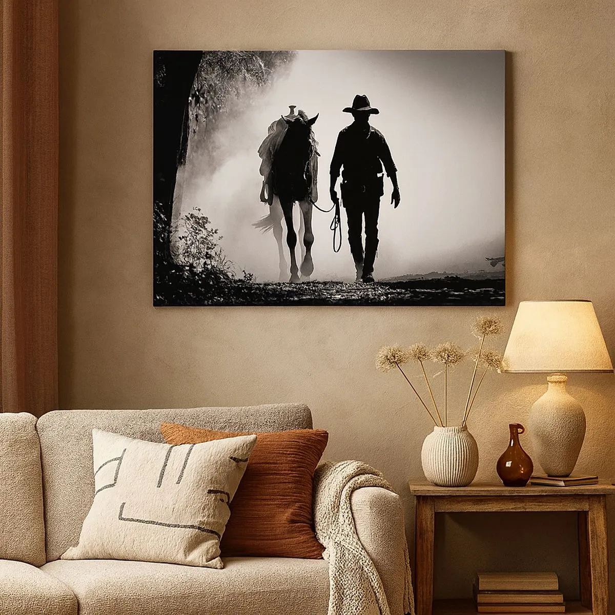 Canvas picture - Cowboy with horse in the morning fog - 70x50cm - Texan Morning - Modern wall decoration for the living room and bedroom ARTTOR